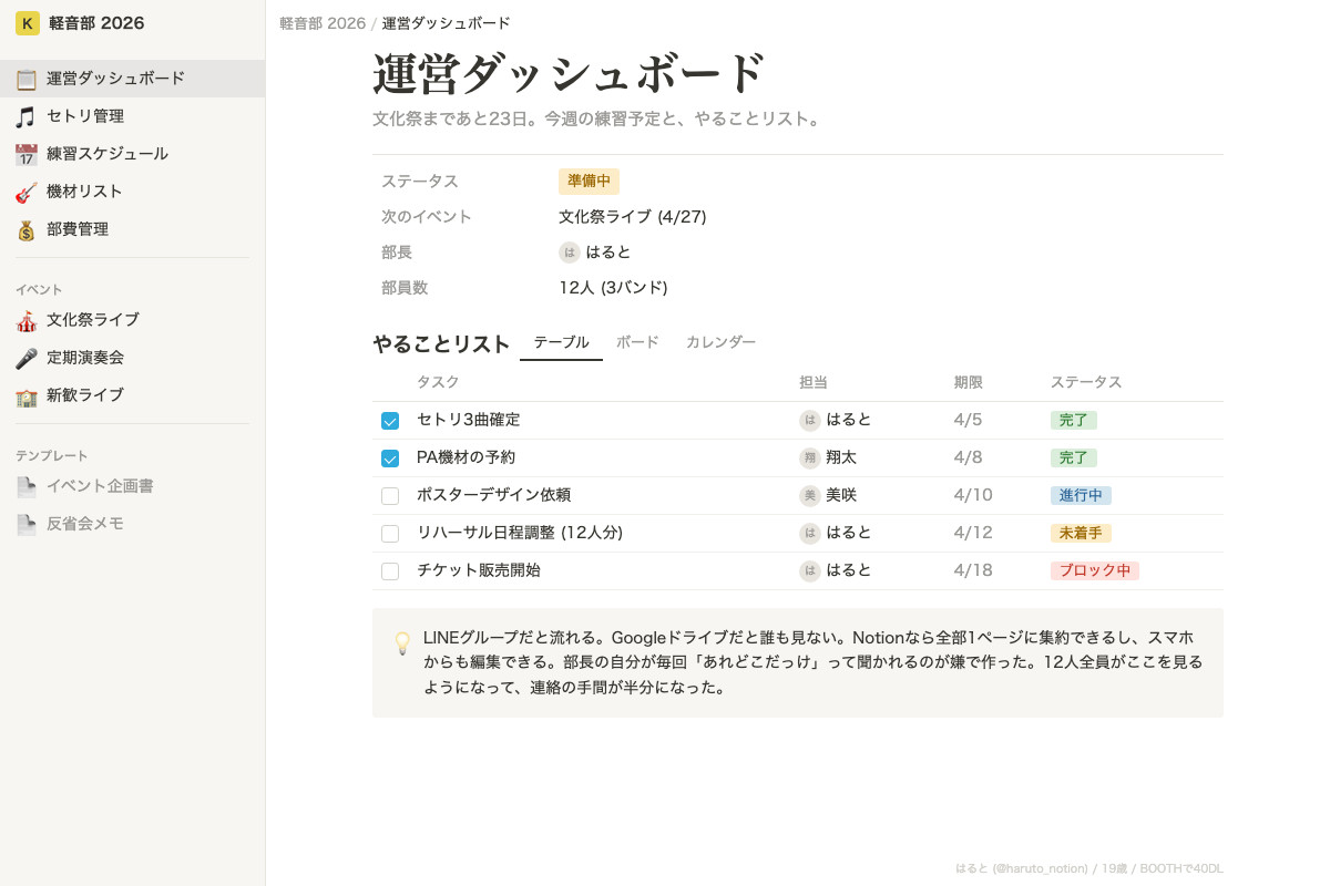 軽音部 Notion運営テンプレート